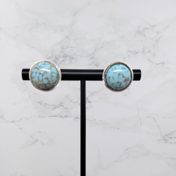 Vintage Blue Turquoise Silver Round Stud Earrings - Picture 2 of 7